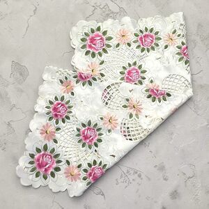 White & Pink Embroidered Cut Out Rose Floral Small Accent Tablecloth 33"x33"